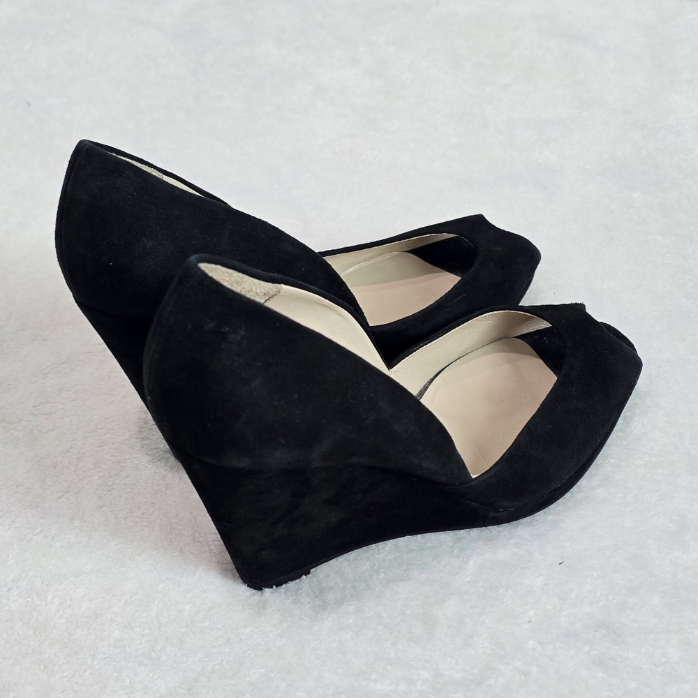 Women's Michael Kors Wedges Peep Toe Black Suede Heels Pumps Size 9.5 Slip On - Picture 5 of 8